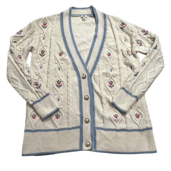 River Island Embroidered Cable Knit Cardigan in Cream - Picture 1 of 5